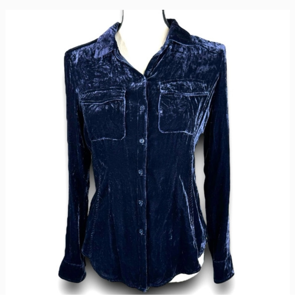 Ecru Blue Crushed Velvet Button Front Blouse Top Shirt Roll Tab Sleeves Small